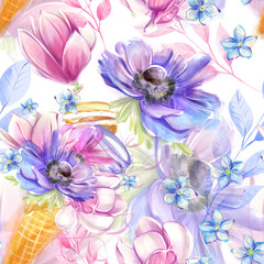 Seamless romantic floral pattern with spring flowers in a watercolor style. From magnolias, anemones and forget-me-nots. Ideal for textile, industrial, scrap, packaging paper