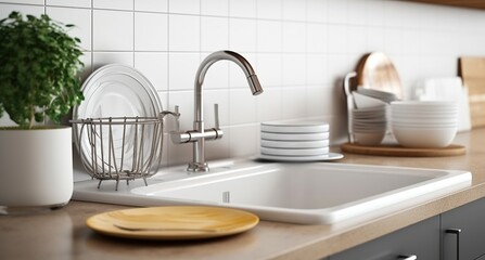 Fototapeta na wymiar Tidy Set of Dishes Resting on the Kitchen Counter near the Sink. Generative AI
