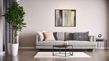 Contemporary Chic, Stylish Living Room with a Grey Couch. Generative AI