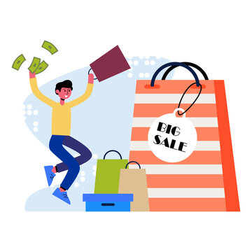 Special offer, reduced price. Male character rejoices at grand sale. Discounts for regular customers. Happy shopping. Time to shop, Black Friday. Color vector illustration for advertising