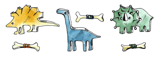 Hand-drawn set of figurines for a board game. Three multi-colored dinosaurs in blue, green and yellow and bones with colored threads. Hand drawn watercolor isolated on white background