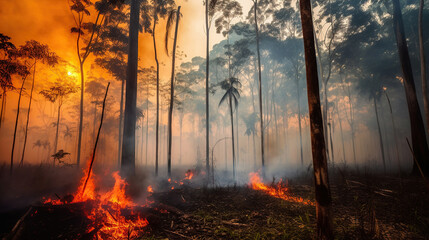 Fires in forest - global climate change Burning rainforest. Generative AI