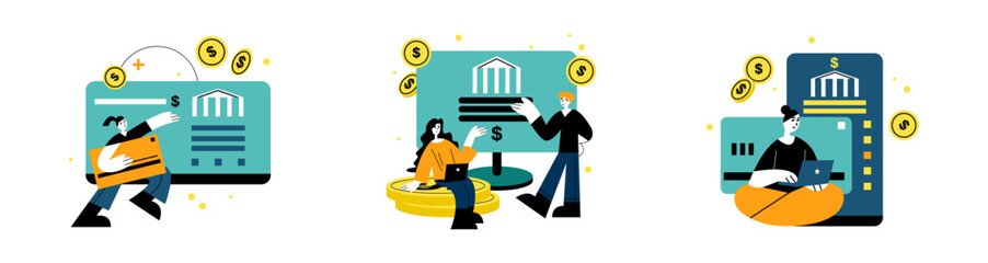 Set of cartoon characters using online bank account. Females holding credit card, and working on laptop. Online banking management concept. Flat vector illustration in blue colors