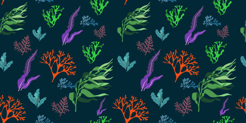 Seamless pattern, multicolored seaweed. Designs for textiles, wallpaper and prints. Minimalistic cute seaweed on dark background.