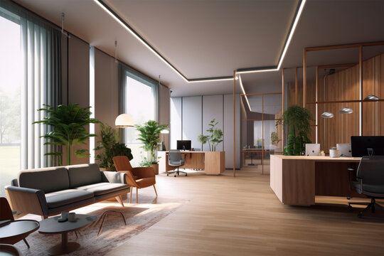 A modern office is shown in a neutral color space, in the style of high detailed, wood, minimalist monochromes, photo - realistic hyperbole, luxurious, berndnaut smilde, sparse