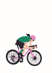 female cyclist pink bike dark hair green shirt - woman on bike bicycle