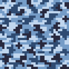 Pixel pattern for camouflage military blue color for seamless background. four colors