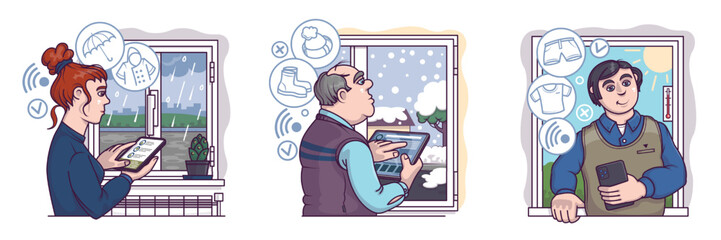 Set of different buyers searching for clothes. Lady holding smartphone and looking at clothes for rain. Male order winter boots and hat, man looking at summer clothes. Flat vector illustration