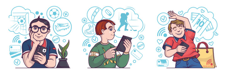 Set of cartoon characters holding smartphones and buying sport products. Football player chooses sportswear, shoes and equipment. Hockey player chooses goods. Flat vector illustration
