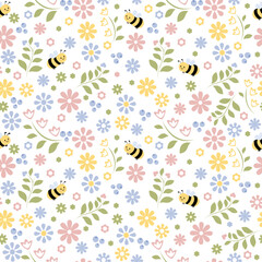 Cute hand drawn spring summer flowers and bees. Seamless floral pattern. Fabric design with simple flowers. Bright repeated pattern fabric cloth wallpaper wrap paper.