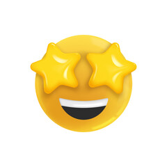 Emoji face smile with stars in your eyes. Realistic 3d Icon. Render of yellow glossy color emoji in plastic cartoon style isolated on white background. PNG illustration