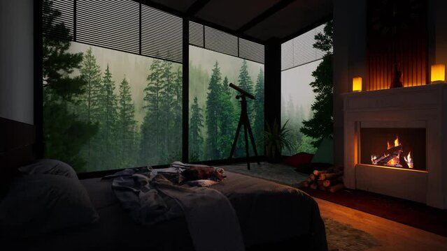 Cosy and warm atmosphere in the house with a burning fireplace overlooking the forest and rain from the window.
3D animation. The concept of rest, peace and relaxation.