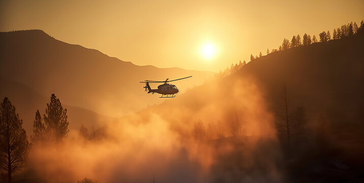 Backlit Helicopter Battles Wildfire, Dropping Water in Rugged Terrain as the Setting Sun Pierces Through Smoky Haze. Generative AI