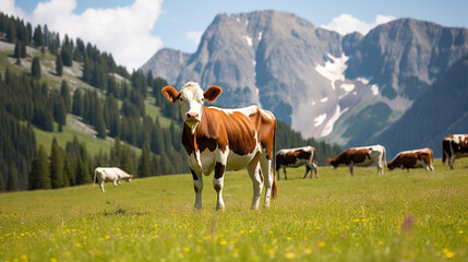 Fototapeta na wymiar Cow grazing in an alpine meadow, Generative AI