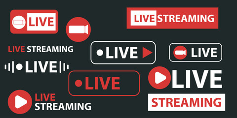 Live streaming icon set. Red symbol and button live streaming, broadcasting, online streaming. Templates