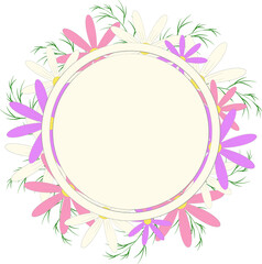 A white label surrounded by flowers. Illustration.