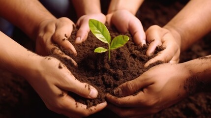 Hands of business people seeding a young plant. Generative AI