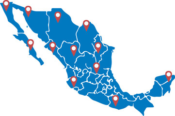 Mexico map template vector infographic with regions and pointer signs