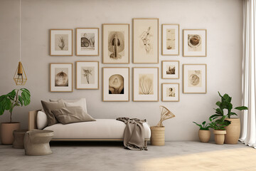 Art wall in a living room area with frames on it. Home decoration concept. 