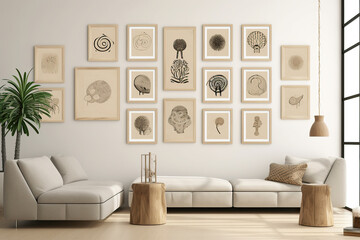 Art wall in a living room area with frames on it. Home decoration concept.