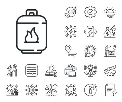 LPG fuel container sign. Energy, Co2 exhaust and solar panel outline icons. Gas cylinder line icon. Liquefied petroleum gas bottle symbol. Gas cylinder line sign. Vector