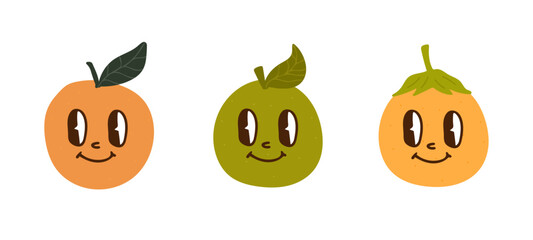 Comic happy fruit and berry character set. Groovy retro, vintage orange, apple and yellow berry. Psychedelic Y2K trendy food stickers (Full Vector)