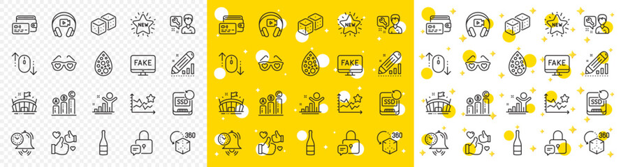 Outline Time management, Love glasses and Wallet line icons pack for web with Graph chart, Headphones, Artificial colors line icon. Repairman, Fake news, Scroll down pictogram icon. Vector