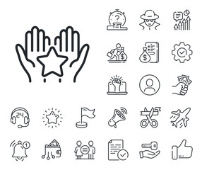 Holding star sign. Salaryman, gender equality and alert bell outline icons. Ranking line icon. Best rank symbol. Ranking line sign. Spy or profile placeholder icon. Online support, strike. Vector