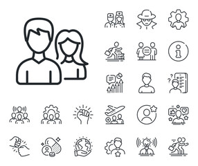 Users Group or Teamwork sign. Specialist, doctor and job competition outline icons. Couple line icon. Male and Female Person silhouette symbol. Couple line sign. Vector