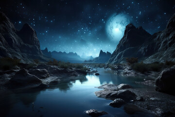 Naklejka premium river in the forest at night. Generative Ai