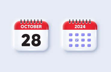 Calendar date 3d icon. 28th day of the month icon. Event schedule date. Meeting appointment time. 28th day of October month. Calendar event reminder date. Vector