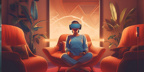 Illustration of Young woman in VR headset Female wearing vr glasses while sitting on sofa at home. Futuristic style. Generative Ai.
