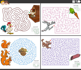 maze activity games set with cartoon animal characters