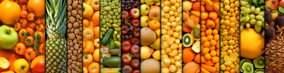 Variety of fruits and vegetables, fruits and veggies, fruit market texture pattern banner. Generative Ai.