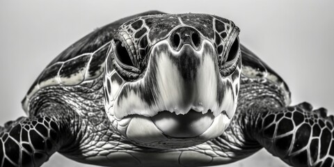 Black and white portrait, close-up of a sea turtle, turtle, caretta caretta, black and white background, Generative AI