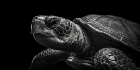 Black and white portrait, close-up of a sea turtle, turtle, caretta caretta, black and white background, Generative AI