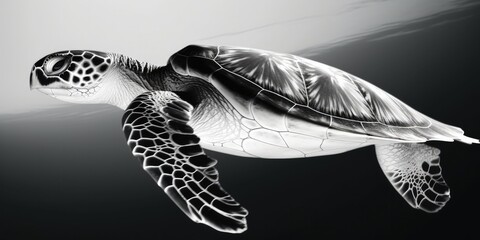 Black and white portrait, close-up of a sea turtle, turtle, caretta caretta, black and white background, Generative AI