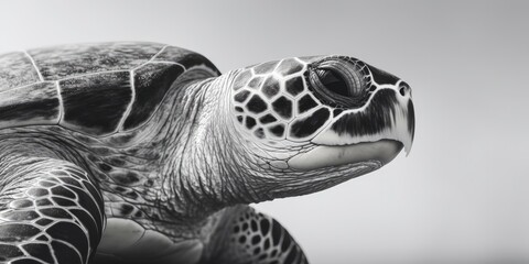 Black and white portrait, close-up of a sea turtle, turtle, caretta caretta, black and white background, Generative AI