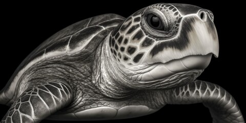 Black and white portrait, close-up of a sea turtle, turtle, caretta caretta, black and white background, Generative AI