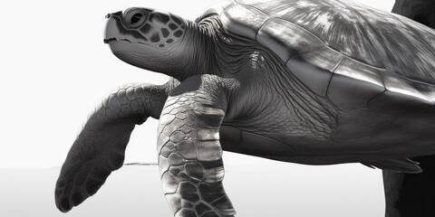 Black and white portrait, close-up of a sea turtle, turtle, caretta caretta, black and white background, Generative AI