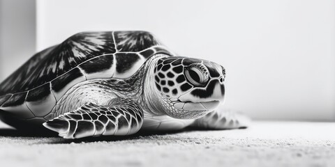 Black and white portrait, close-up of a sea turtle, turtle, caretta caretta, black and white background, Generative AI