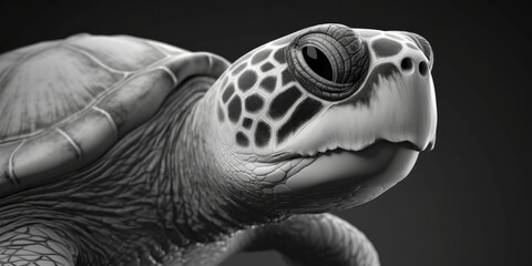 Black and white portrait, close-up of a sea turtle, turtle, caretta caretta, black and white background, Generative AI