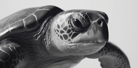 Black and white portrait, close-up of a sea turtle, turtle, caretta caretta, black and white background, Generative AI