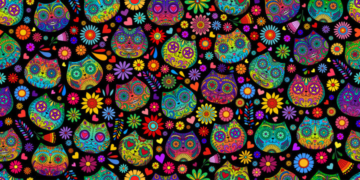 Day of the Dead skulls pattern. Day of the dead sugar skull cats. Mexican dead cat. Dia de los muertos print. Day of the dead and Mexican tradition festival. Dia de los Muertos tattoo skulls.