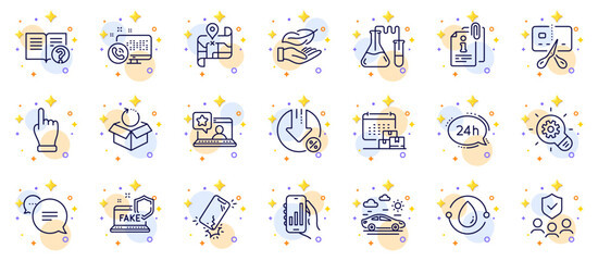 Fototapeta na wymiar Outline set of Chemistry lab, 24h service and Attached info line icons for web app. Include Online rating, Car travel, Cogwheel pictogram icons. Bankrupt, Click hand, Analysis app signs. Vector