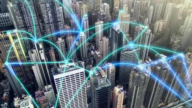 Aerial, smart city and network with blue neon, connection or futuristic cyber security, global or code and iot. Urban drone, buildings or skyscraper with future database, internet or cloud computing - Powered by Adobe