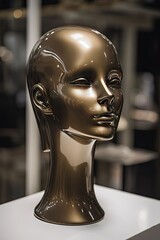 Golden mannequin head of a female model in sepia tone, with shiny and captivating eyes. Generative AI