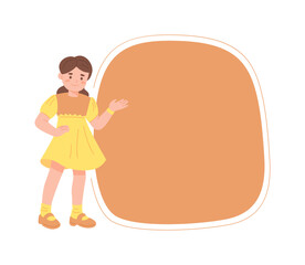 Cute little girl with empty blank text box frame.