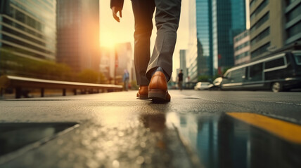 Fototapeta na wymiar businessman walk on road and start to success, close up shoes walking, goal and target concept, Generative ai
