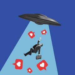 Contemporary collage. A young person and UFO with  likes icons